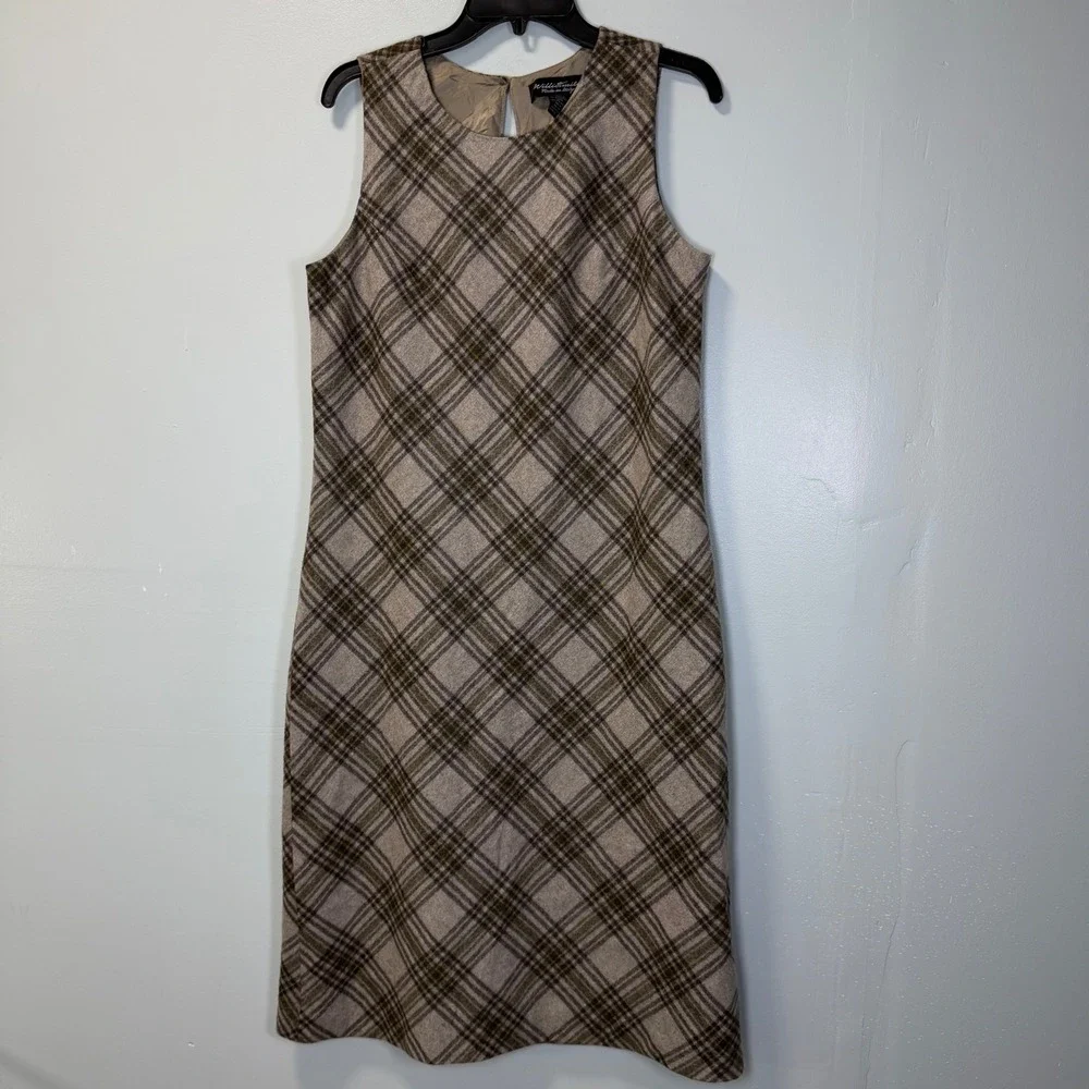 Willi Smith Made in Italy Wool Blend Plaid Sleeveless Shift Dress Brown Olive 10